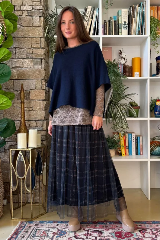Enid Plaid Tulle Midi Skirt Navy